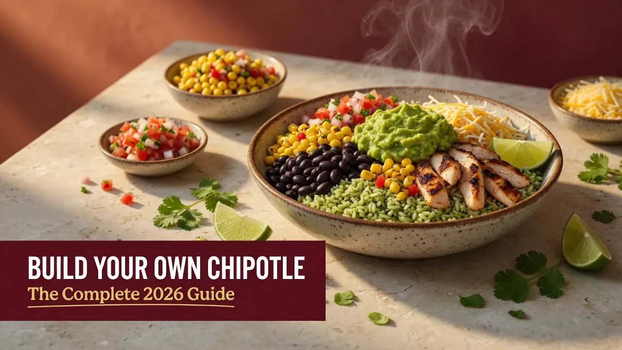 Build Your Own Chipotle burrito bowl with rice, beans, chicken, guacamole and fresh toppings