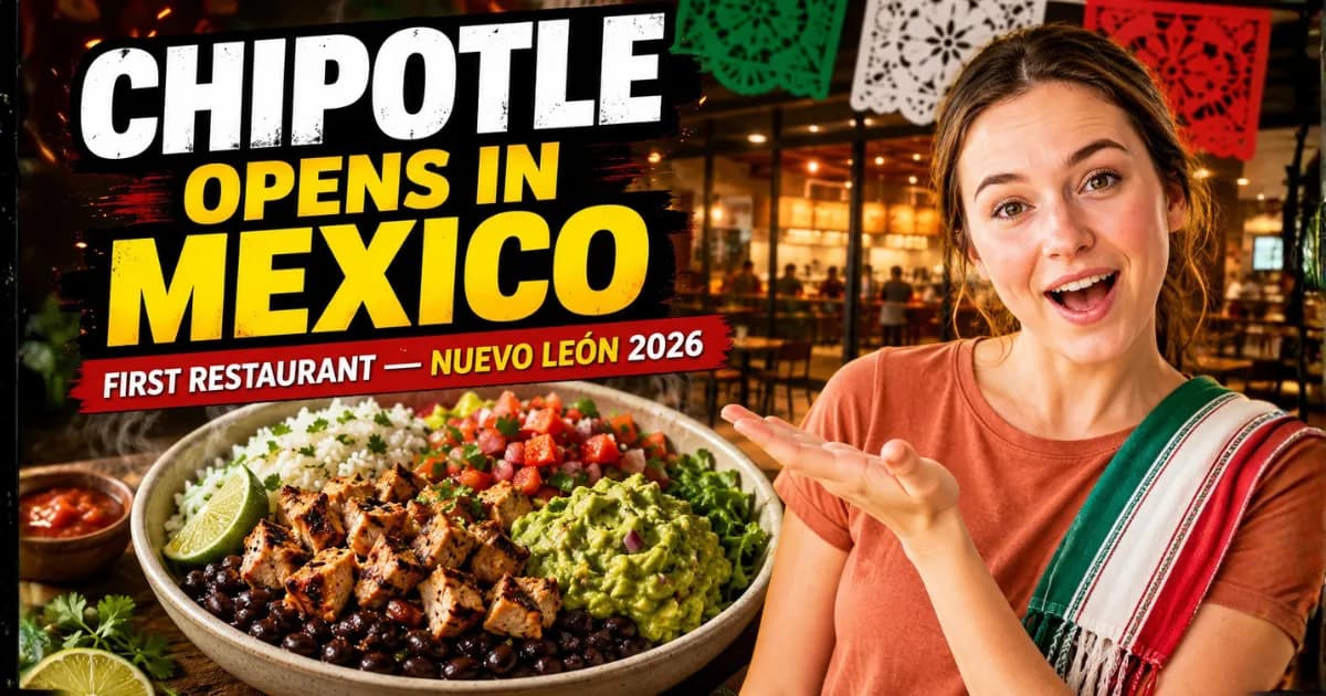 Chipotle opens in Mexico - first restaurant in Nuevo León 2026, shown with a burrito bowl and restaurant interior