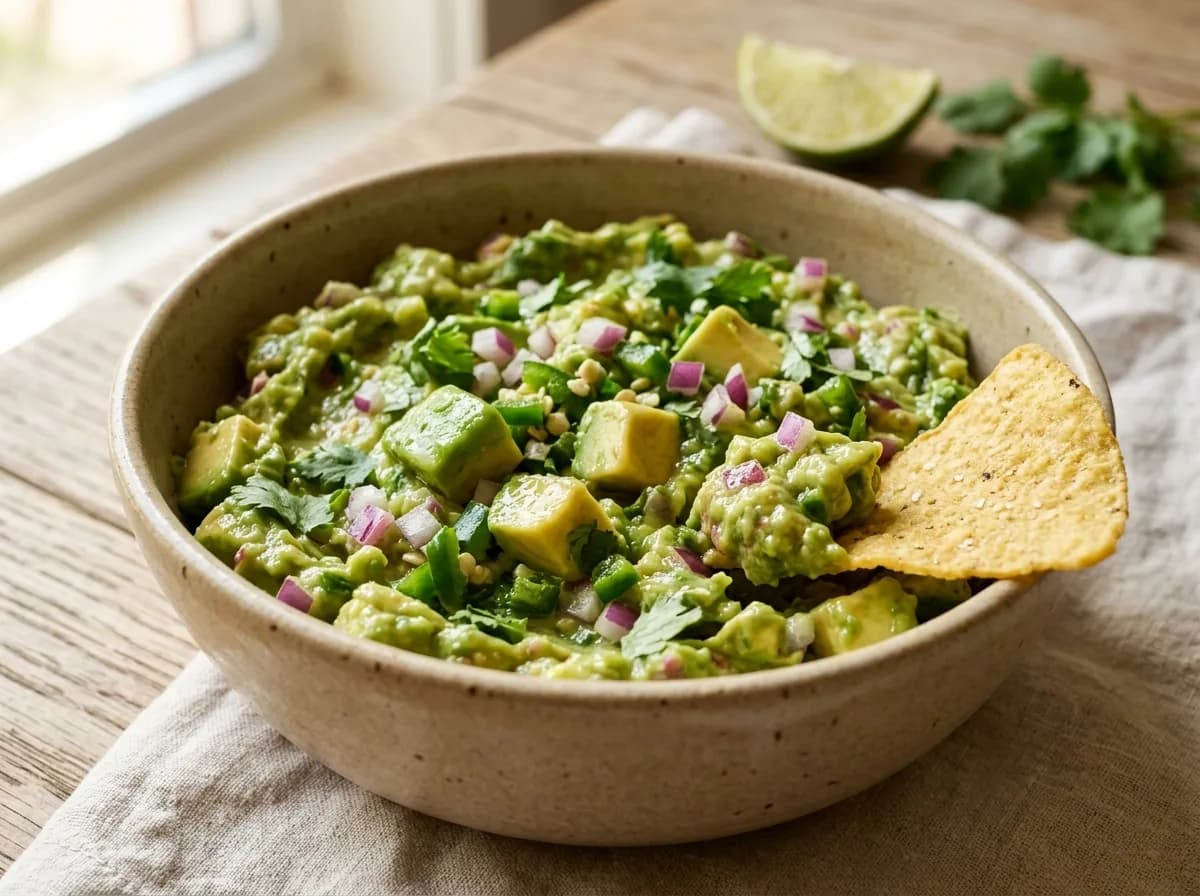 Chunky Chipotle-style guacamole in a sand-colored bowl, topped with avocado cubes, red onion, cilantro and jalapeño, with tortilla chips, lime and kosher salt