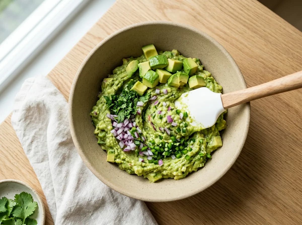 Spatula folding diced red onion, chopped cilantro and jalapeño into guacamole topped with avocado cubes