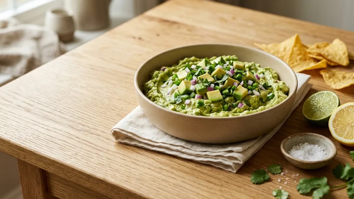 Chunky Chipotle-style guacamole in a sand-colored bowl, topped with avocado cubes, red onion, cilantro and jalapeño, with tortilla chips, lime and kosher salt
