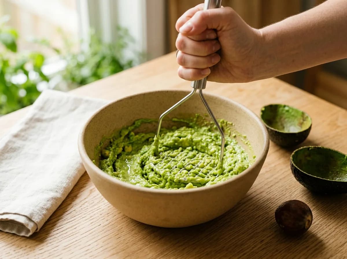 Potato masher pressing two avocados into a mostly smooth base in a ceramic bowl, with empty avocado skins on the table