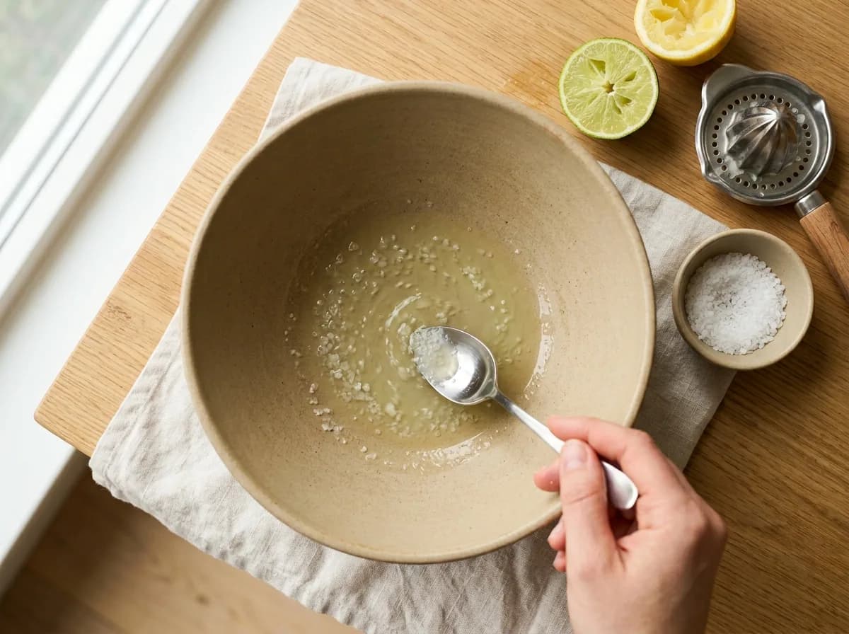 Spoon stirring kosher salt into lime and lemon juice at the bottom of a mixing bowl, with squeezed citrus halves and a juicer nearby
