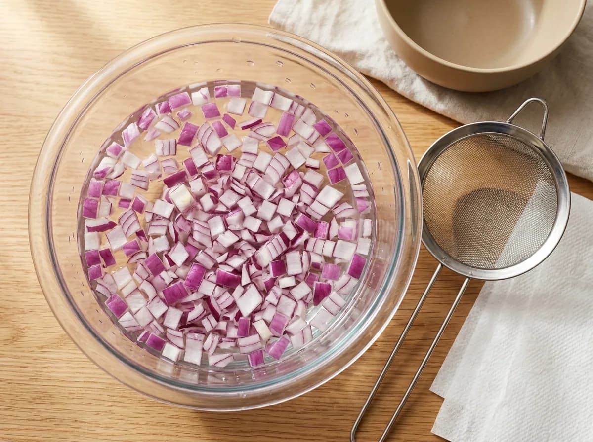 Finely diced red onion soaking in a glass bowl of cold water next to a fine-mesh strainer and paper towels