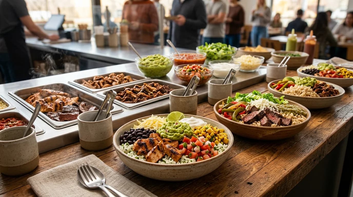Catering spread with burrito boxes and taco bar for a group Catering spread with burrito boxes and taco bar for a group