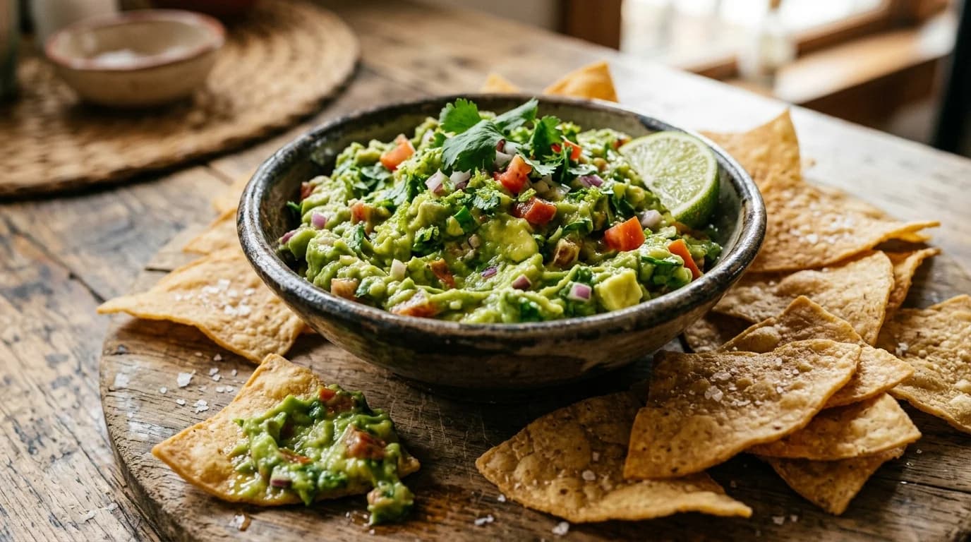 Tortilla chips served with guacamole and salsa Tortilla chips served with guacamole and salsa