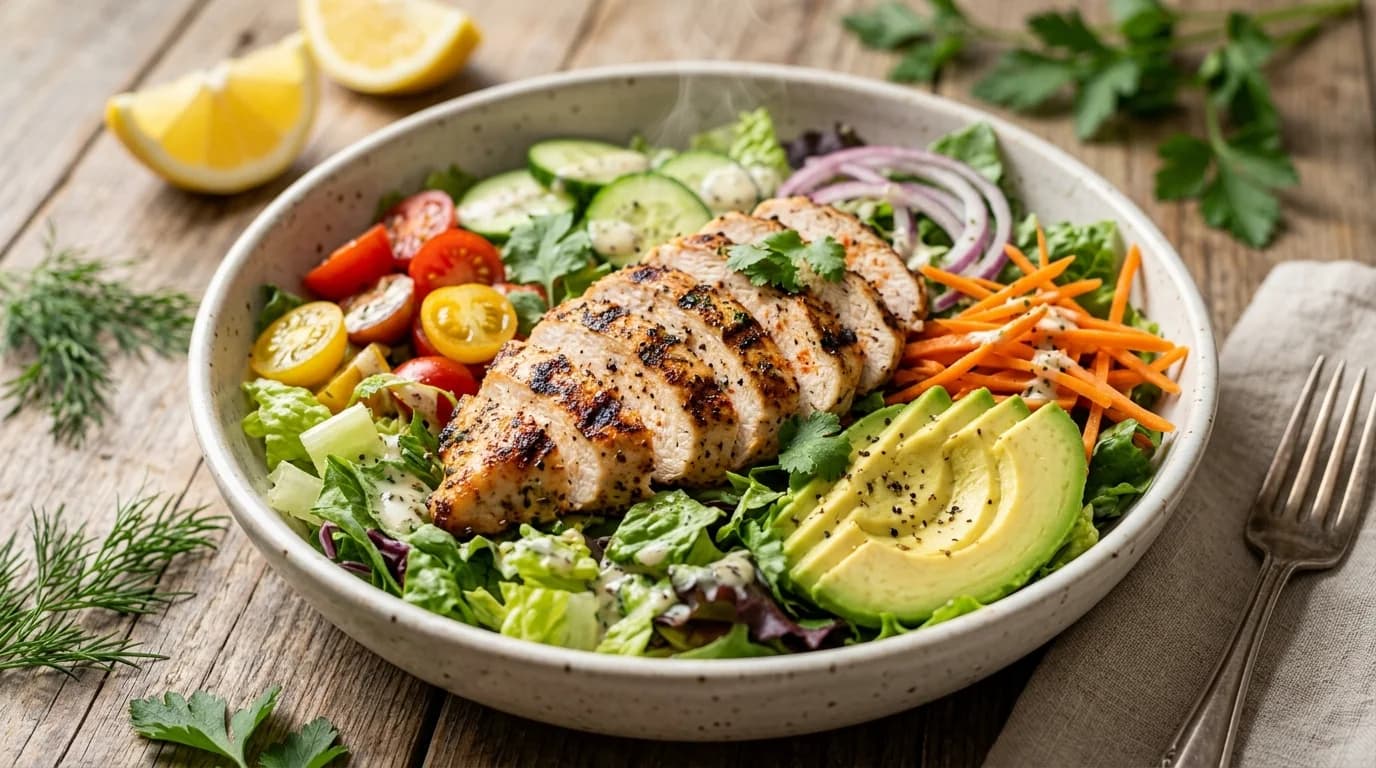 Salad bowl with romaine lettuce, protein, and fajita vegetables Salad bowl with romaine lettuce, protein, and fajita vegetables