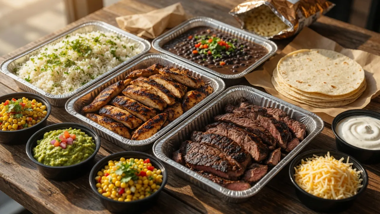 Build-Your-Own Chipotle family meal spread with proteins, rice, beans, tortillas and toppings on a table