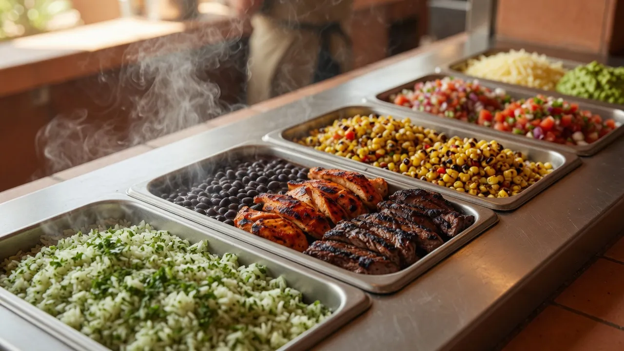 Chipotle serving line with rice, beans, proteins and fresh toppings ready to build a bowl