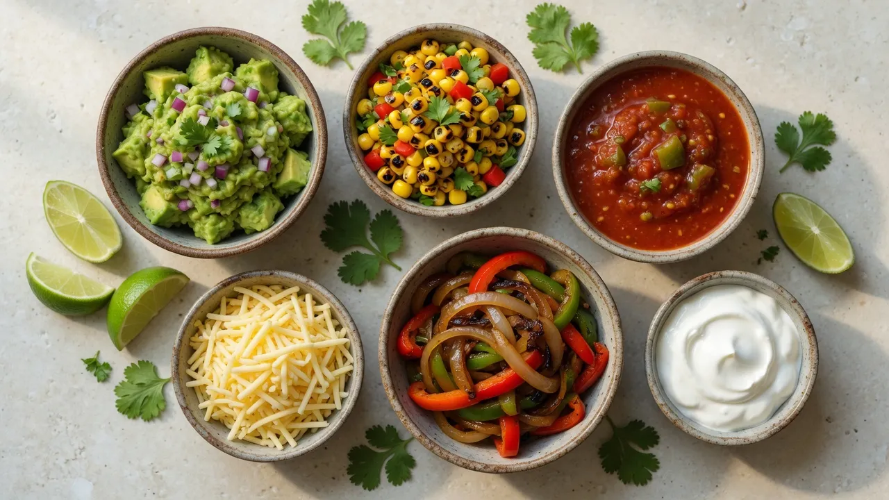 Chipotle toppings station showing shredded Monterey Jack cheese alongside salsas and veggies